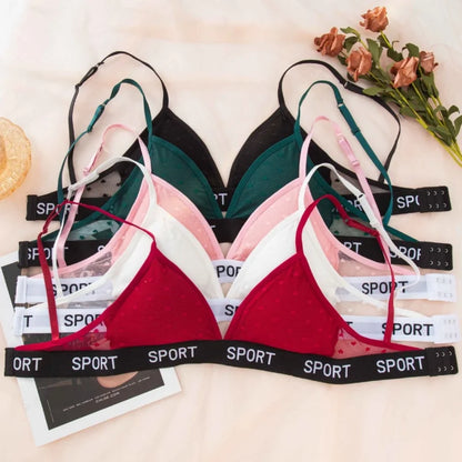 Women Lace Bra And Panties Set Sheer Polka Dot Sexy Lingerie Non-wire Bralette Low Rise Thong Letter Band Mesh Underwear Set