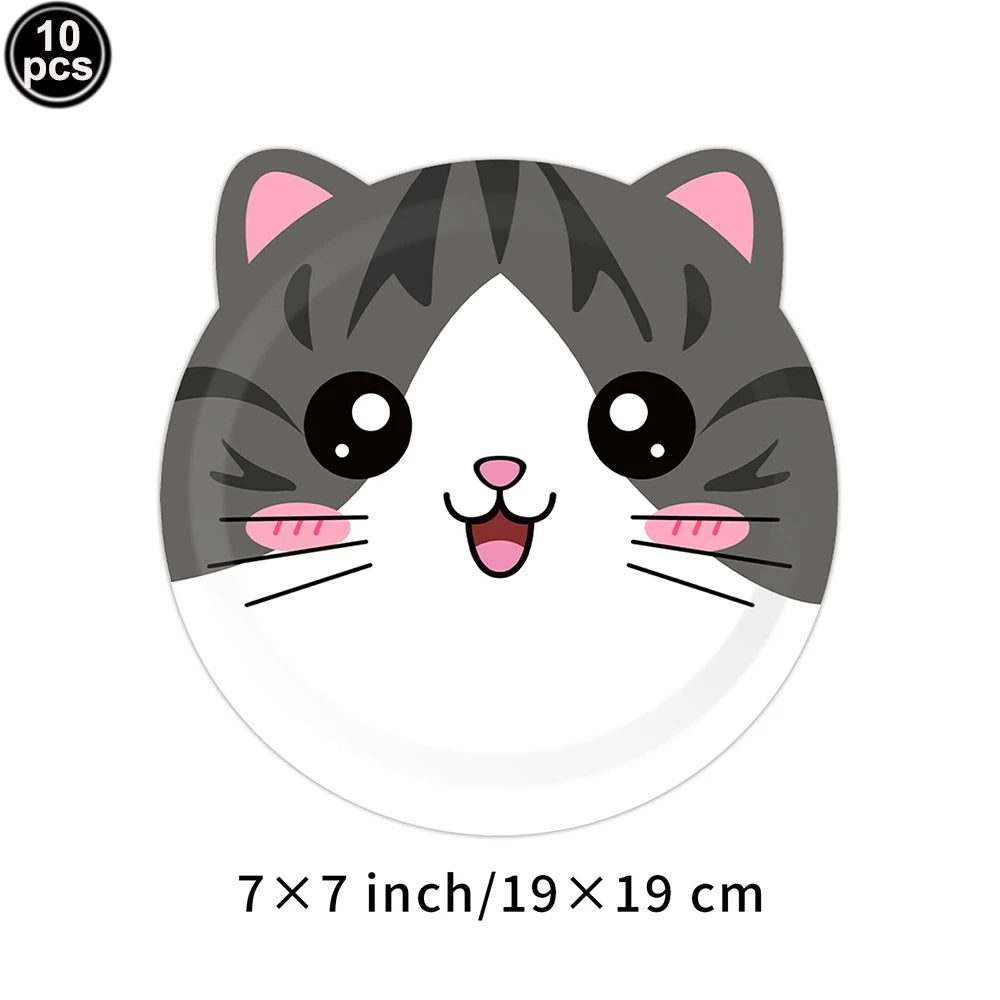Cat Party Paper Plates Cups Napkins Party Supplies Cat Face Happy Birthday Banner Tablecloth for Cat Themed Birthday Party Decor