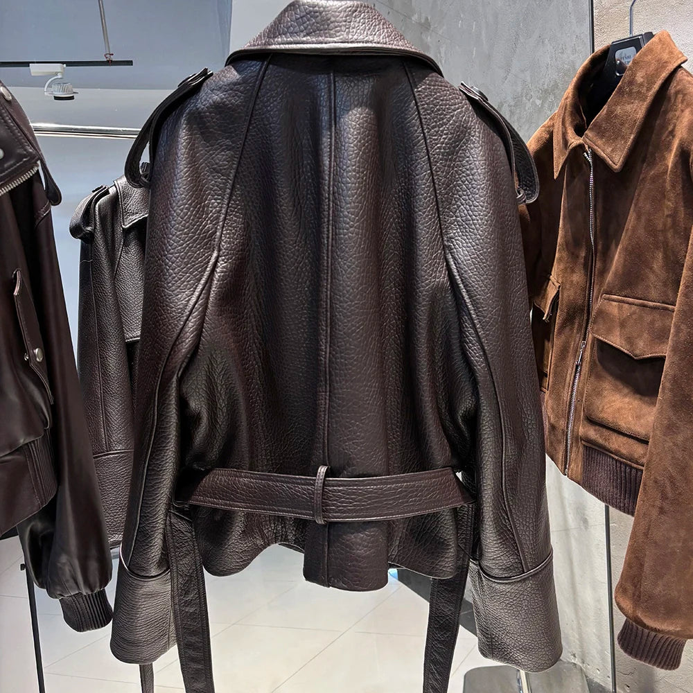 YOLOAgain Vintage Grain Leather Jacket Women Real Leather Sheepskin Jacket With Belt