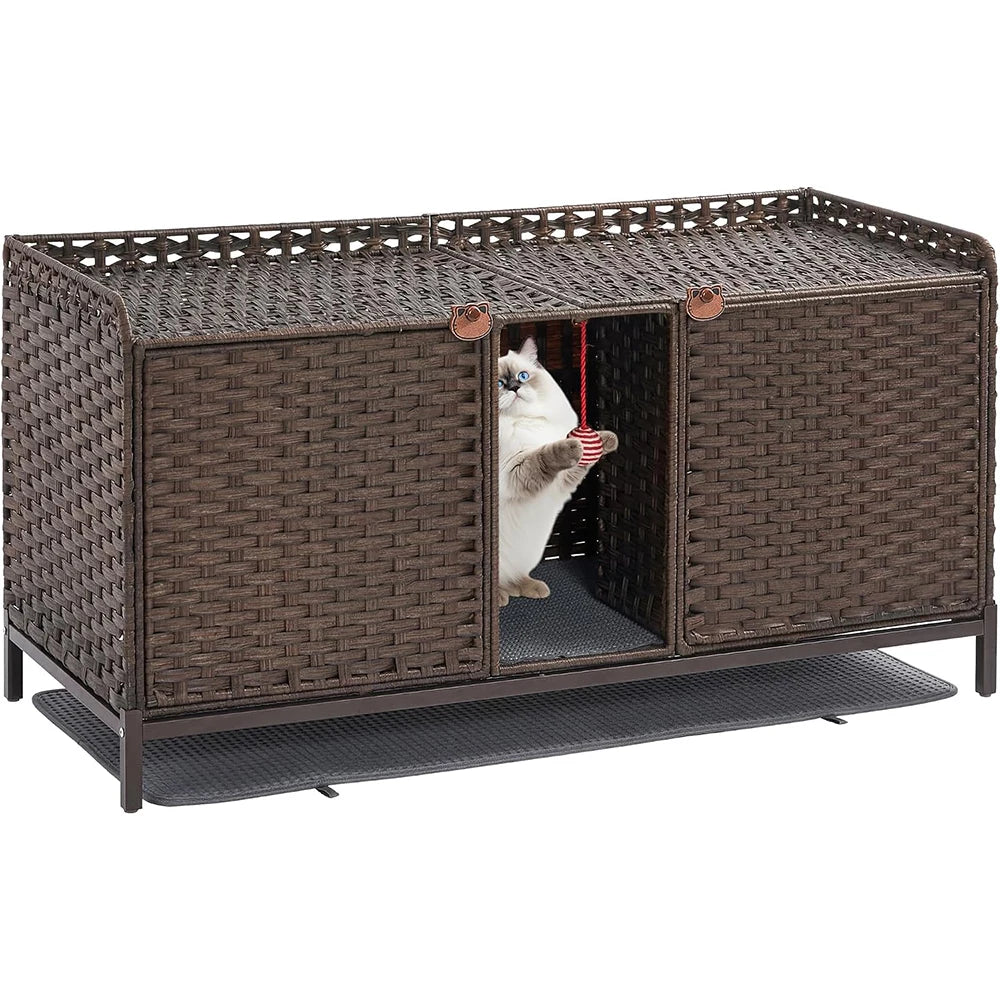 Rattan Cat House Double Cat Litter Box Enclosure Furniture 2 Cats | Double Room Cat Cabinet, with Washable Litter Mat & 2 Hooks, Easy Assembly, 47.2"L x 19.7"W x 23.6"H Walnut