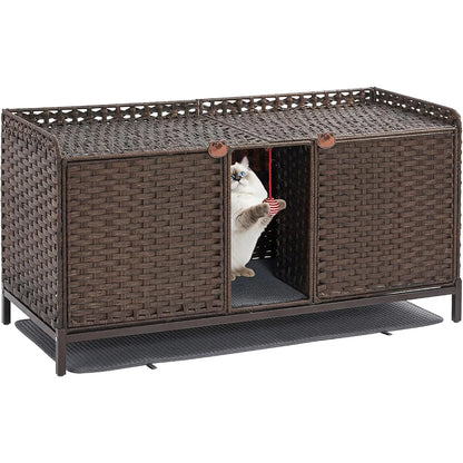Rattan Cat House Double Cat Litter Box Enclosure Furniture 2 Cats | Double Room Cat Cabinet, with Washable Litter Mat & 2 Hooks, Easy Assembly, 47.2"L x 19.7"W x 23.6"H Walnut