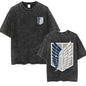 Anime Attack on Titan Vintage Washed Print T-shirt Mikasa Ackerman Eren Jaeger Wings of Freedom Logo Mens Summer Cotton T-shirts