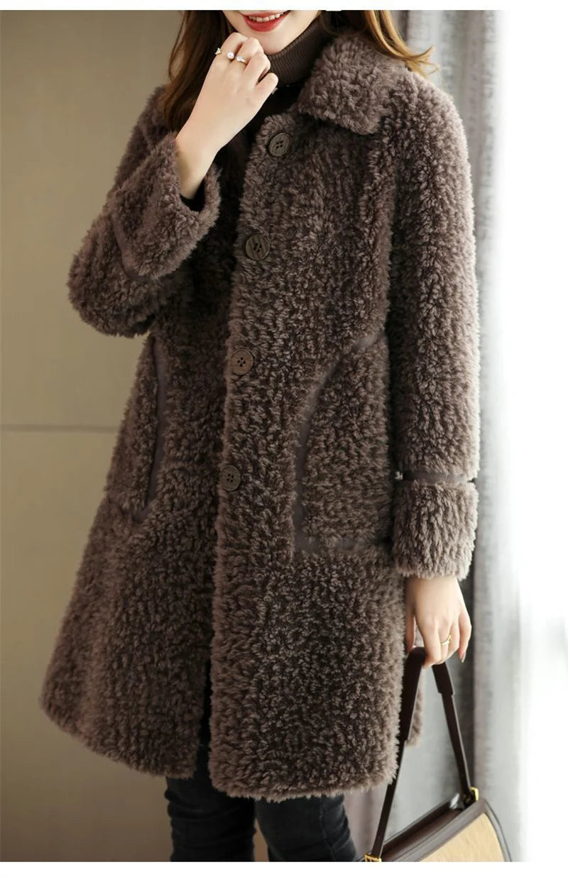 Female Winter Slim Grain Wool Middle Long Coat Women New Middle-Aged And Elderly Cashmere Thickened Imitation Lamb Wool Overcoat