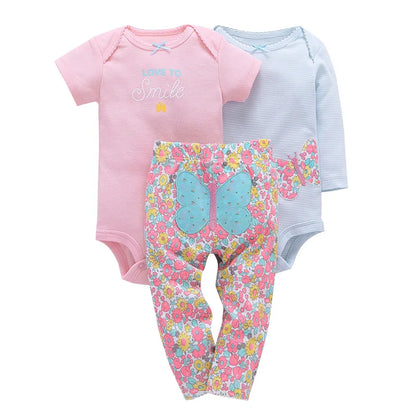 Lovely Baby Boy bodysuits 3Pcs/sets Long Sleeved Clothes PP Pant Cotton Infant Sporty Girl Short Sleeved Bodysuits