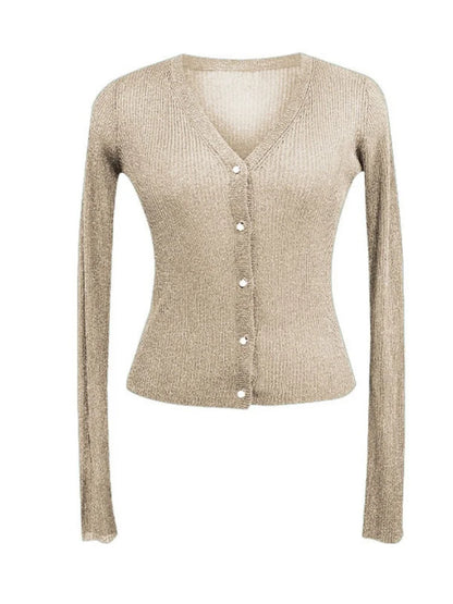 Women Shiny Gold Thread Spring Summer Ice Silk Knitted Cardigan Ribbed Pearl Button Sun Protection Top V-neck Ice Silk Knitwear