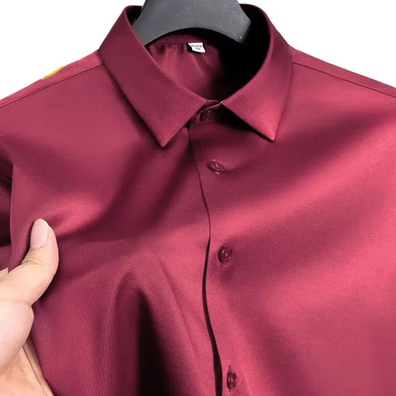 Summer shirt, men's white glossy non ironing shirt, men's wrinkle resistant ice silk casual high-end seamless business shirt