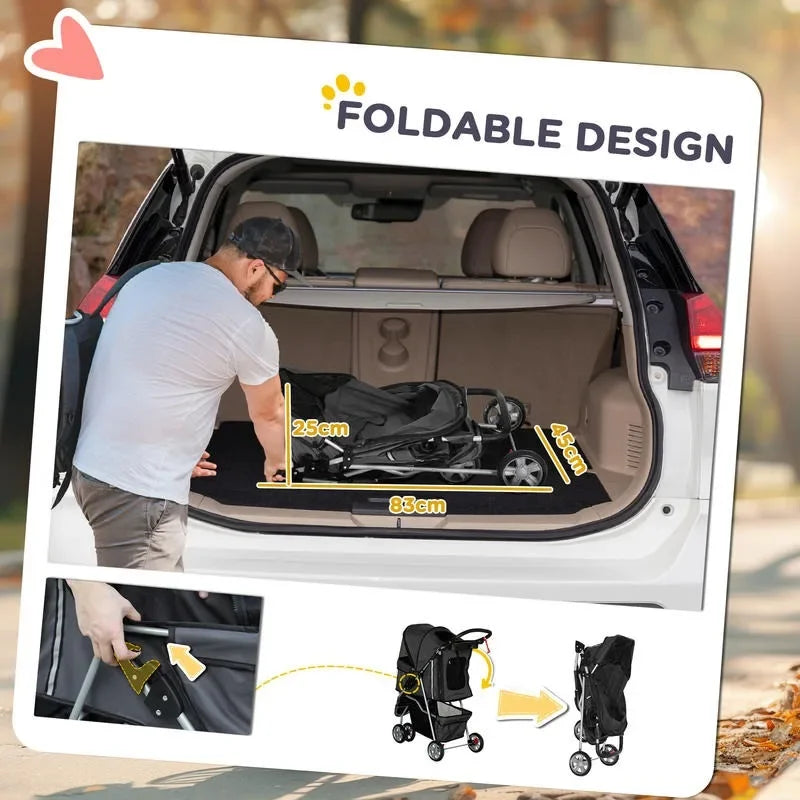 3 Wheel Pet Stroller for Small Dogs and Cats, Foldable Travel Pram with Breathable Mesh and Storage Bag, Sturdy Steel Frame for Walking, Charcoal Grey, 75x45x97 cm, Sturdy, Lightweight, Comfortable, Safe, Space Saving