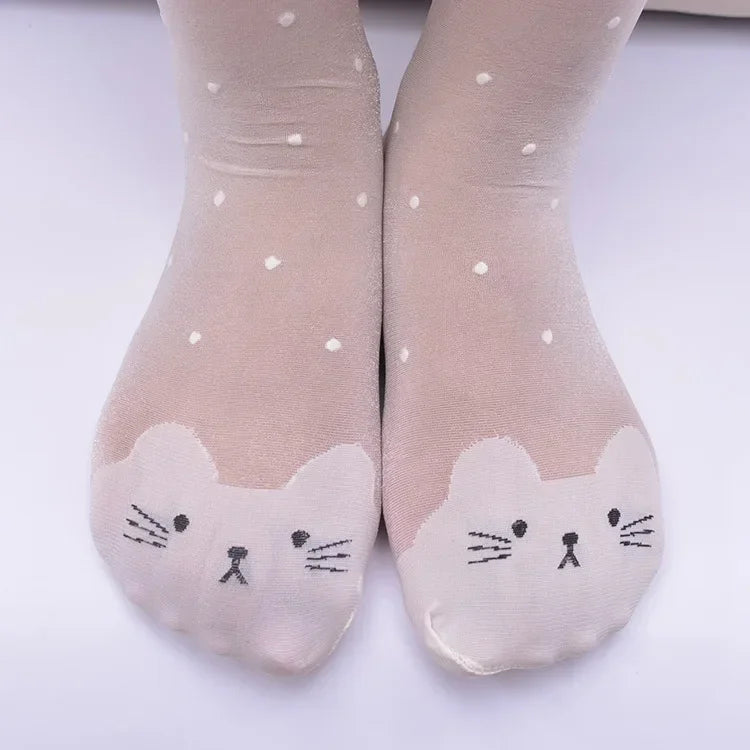 Spring Summer Tights for Girls Cartoon Thin Silk Pantyhose Kids Candy Color Dot Dance Stocking Child Girls Tights with Cats