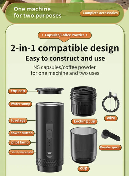 20 Bar Self-Heating Wireless Portable Espresso Maker, One-Click Automatic Extraction Mini Coffee Machine, Multi Capsule Compatible Rechargeable Travel Coffee Maker, Compact Portable Coffee Brewer for Car, Road Trip, Camping,
