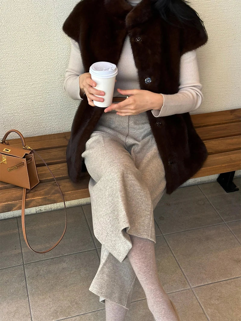 Women's Autumn Winter Faux Mink Hair Stand Collar Sleeveless Loose Vest Jacket Lady Streetwear Single Breasted Faux Fur Vest Top