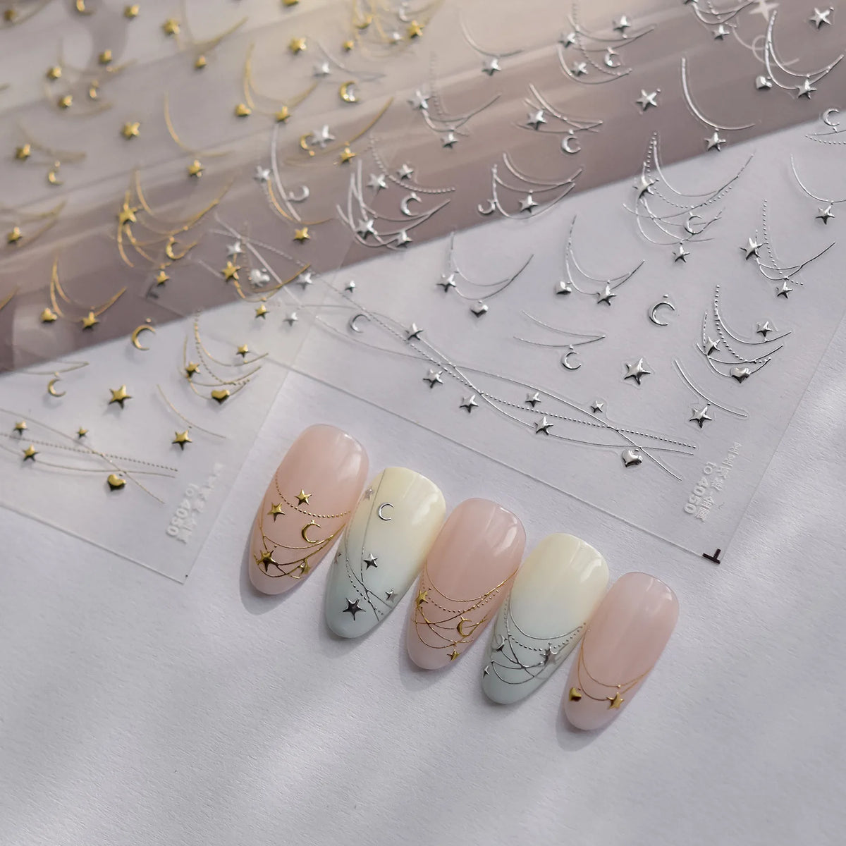 1Pcs 5D French Star Moon Chains Nail Art Stickers Gold/Silver Curved Lines,Starlight Nails Slider Self-Adhesive Manicure Decal &