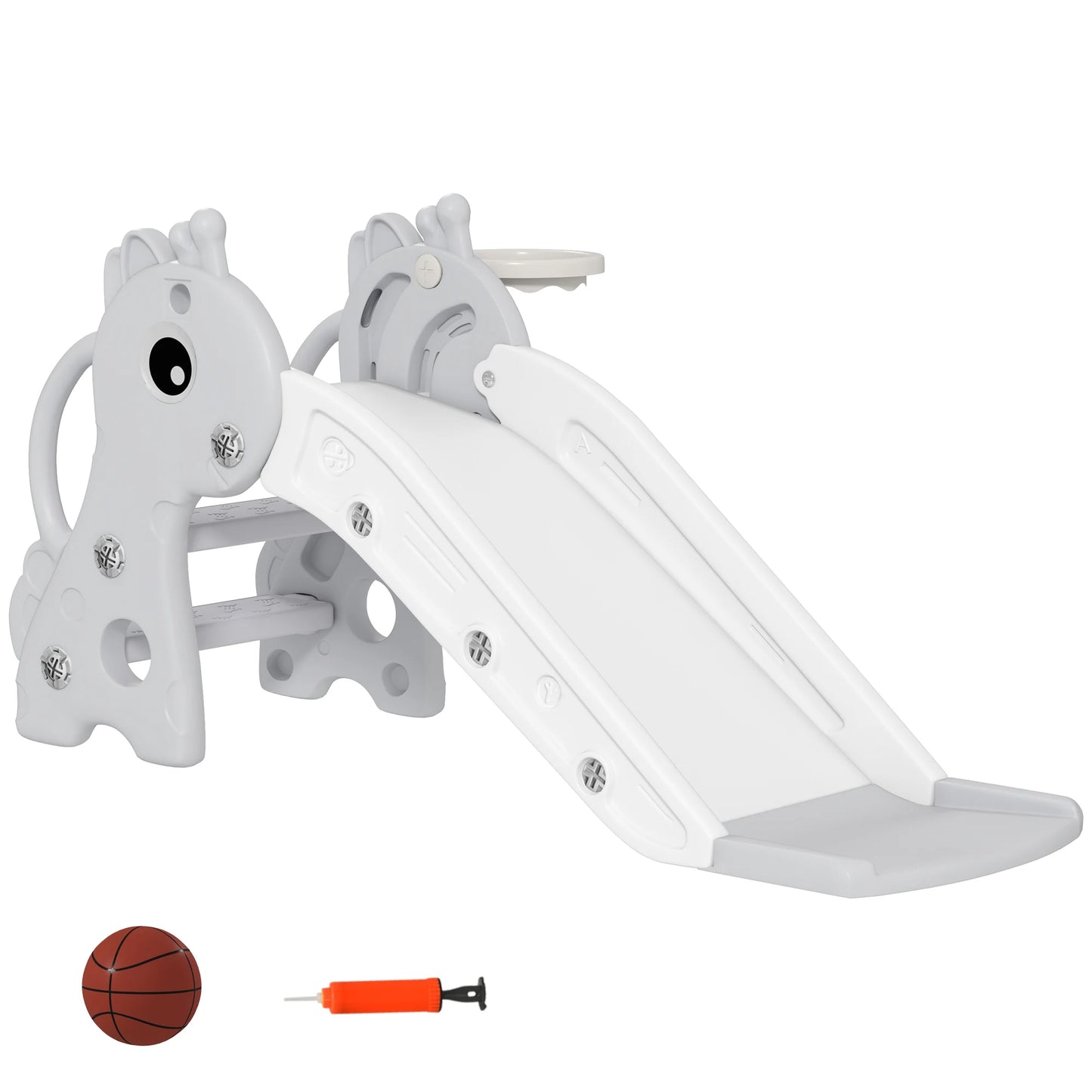 3-in-1 giraffe-shaped children’s slide with a basketball hoop, climbing feature, and balloon, 106x51.5x52 cm, gray