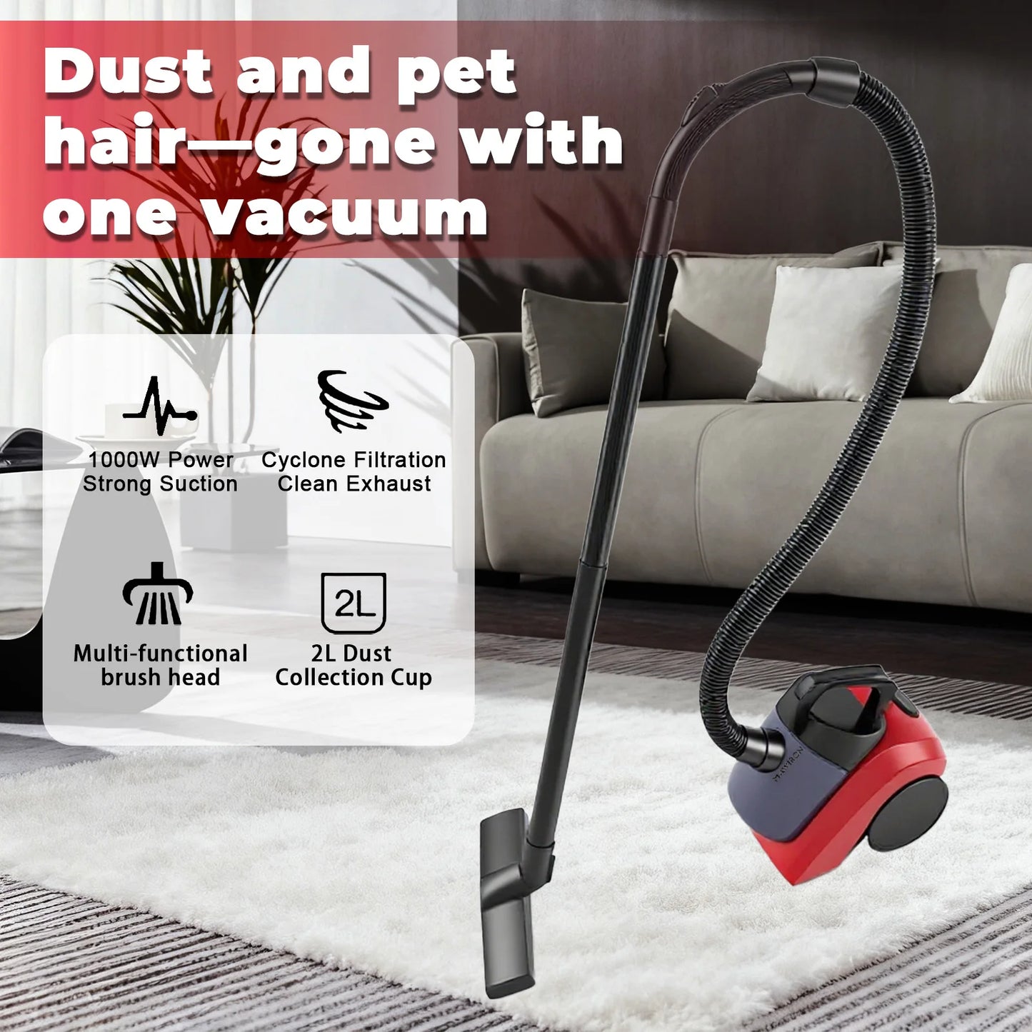 1000W Canister Vacuum Cleaner Bagless Household Vacuum Cleaner 2L Dust Cup HEPA Filter Strong Suction For Floor Carpet Sofa Pet Hair