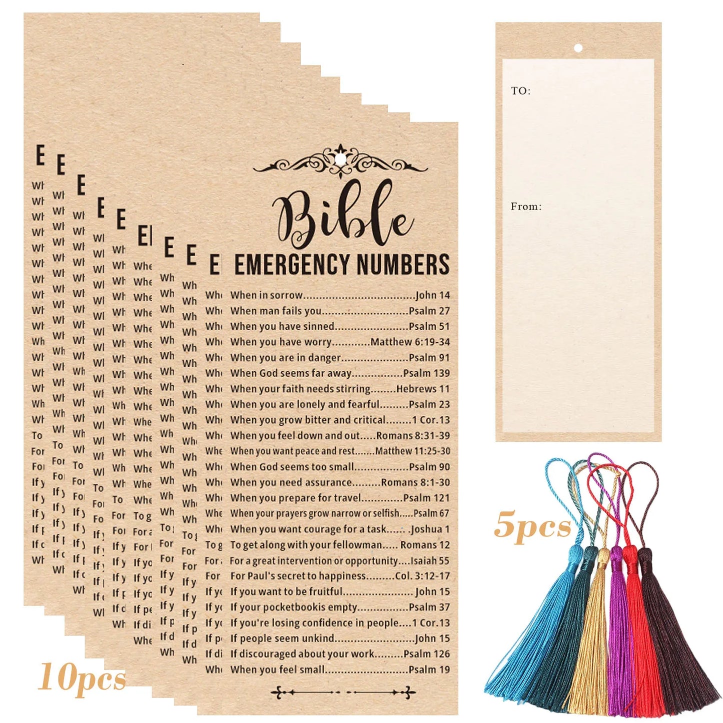 Bible Emergency Numbers Verse Cards&Bookmarks with Tassels - Inspirational Christian Scripture Cards,Writable,Matte Finish.