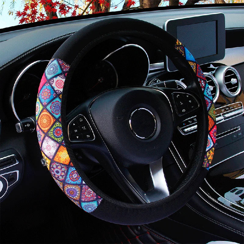 Women's 38CM Steering Wheel Cover Cherry Blossom  Chrysanthemum Check Spider Web Design Printed Car Accessory without Inner Ring