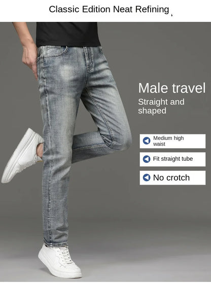 High-end Light Luxury Brand Jeans Men's Retro Slim Fit Straight Versatile Casual Gray Trousers Autumn and Winter Thick Jeans