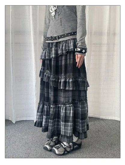 Y2k Vintage Long Skirts Plaid Ruffles Patchwork Harajuku Casual Loose Cake Skite Punk Gothic Streetwear All Match Women Clothing