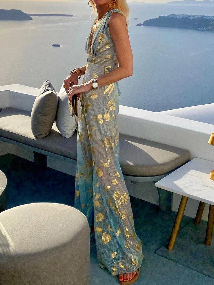 Women Deep V-Neck Maxi Party Dress Summer Patchwork Sleeveless Solid Casual Holiday Ladies Dress Elegant Streetwear Dropshipping