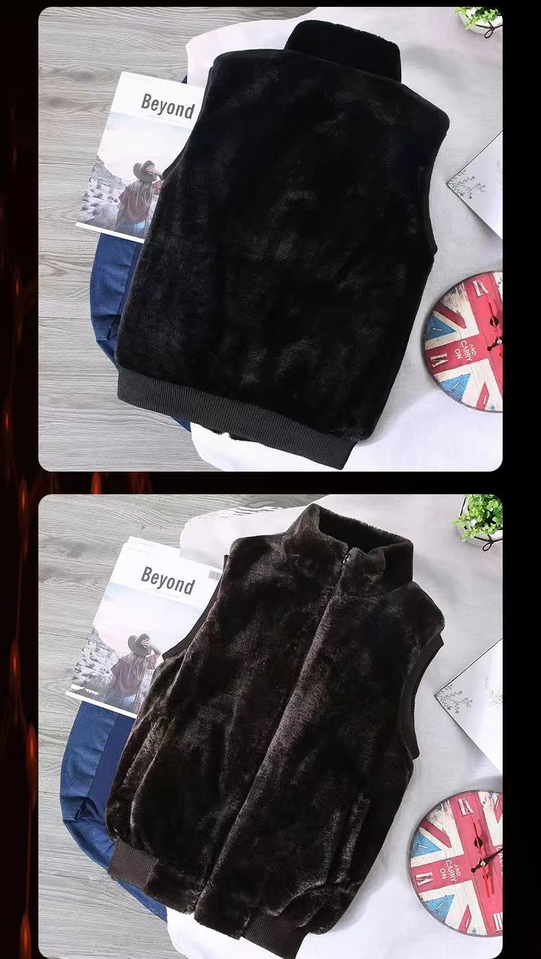2026 Autumn Winter Men's Thicked Golden Velvet Warm Vest Fashion Solid Sleeveless Zipper Hooded Jacket Fake Fur Couple Waistcoat