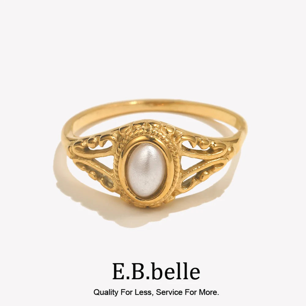 E.B.belle Thin 18K Gold Plated Hollow Texture Natural Freshwater Pearl Rings For Women Stainless Steel Tarnish Free Gold Ring