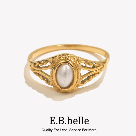 E.B.belle Thin 18K Gold Plated Hollow Texture Natural Freshwater Pearl Rings For Women Stainless Steel Tarnish Free Gold Ring