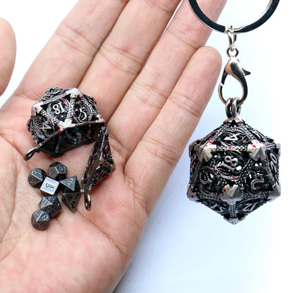 D20 Metal Hollow Box+7pcs Metal Dice Set, Portable Board Game Dice Mini Kit