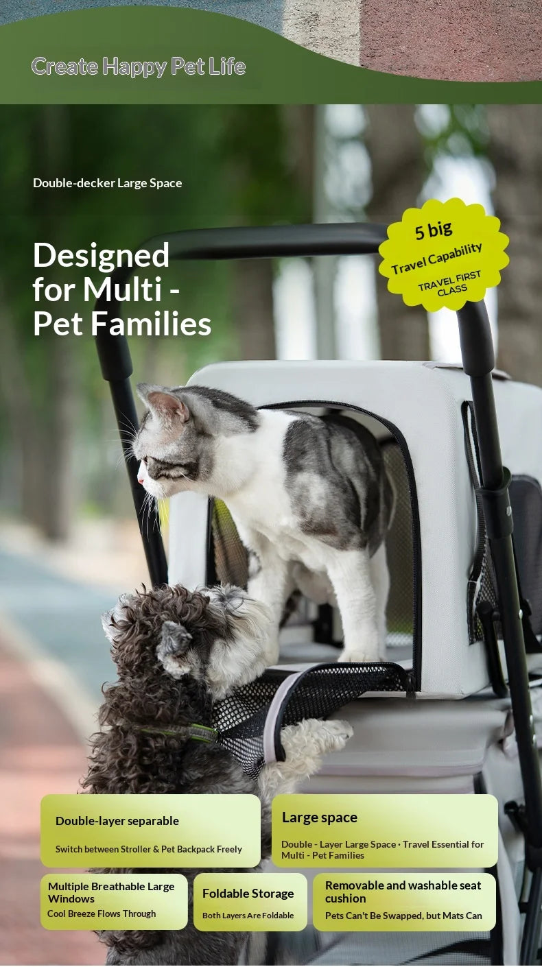 Luxury Double-Layer Eco-friendly ABS Material 4-Wheel Pet Stroller Small Large Dogs Cats Lightweight Travel Pet Carriers