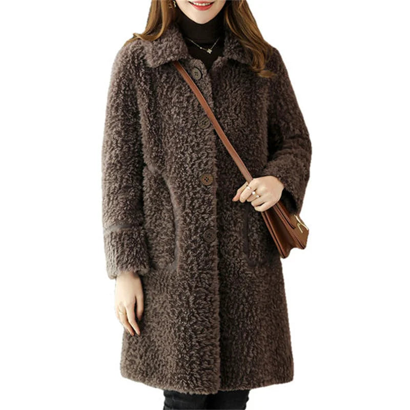 Female Winter Slim Grain Wool Middle Long Coat Women New Middle-Aged And Elderly Cashmere Thickened Imitation Lamb Wool Overcoat