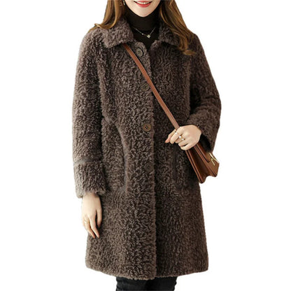 Female Winter Slim Grain Wool Middle Long Coat Women New Middle-Aged And Elderly Cashmere Thickened Imitation Lamb Wool Overcoat