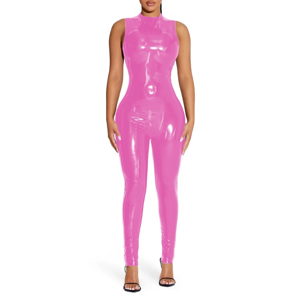 PVC Sleeveless Jumpsuit for Ladies, Wet Look, Shiny Patent Leather, O-Neck Bodycon, Tank Catsuit, Stretch Slim Rompers, Sexy