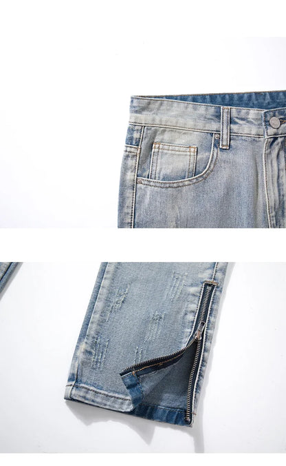 2024 Spring Autumn Korean Men Fashionable Retro Street Jeans Zip Design on Trouser Legs Straight-leg Denim Pants Men's Clothing