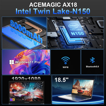 KAMRUI 18.5" 8000mAh Laptop Intel N150 4Core 16GB DDR4 512GB SSD Win11 Pro WiFi5 180° Foldable Notebook Computer for Home Office