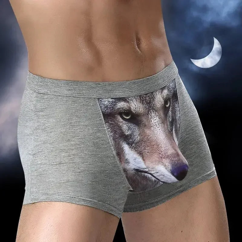 Men 3D Printed Boxer Shorts Wolf Eagle Head Pattern Mid Waist Flat Angle Underpants Soft Modal Knitted Breathable Underwear