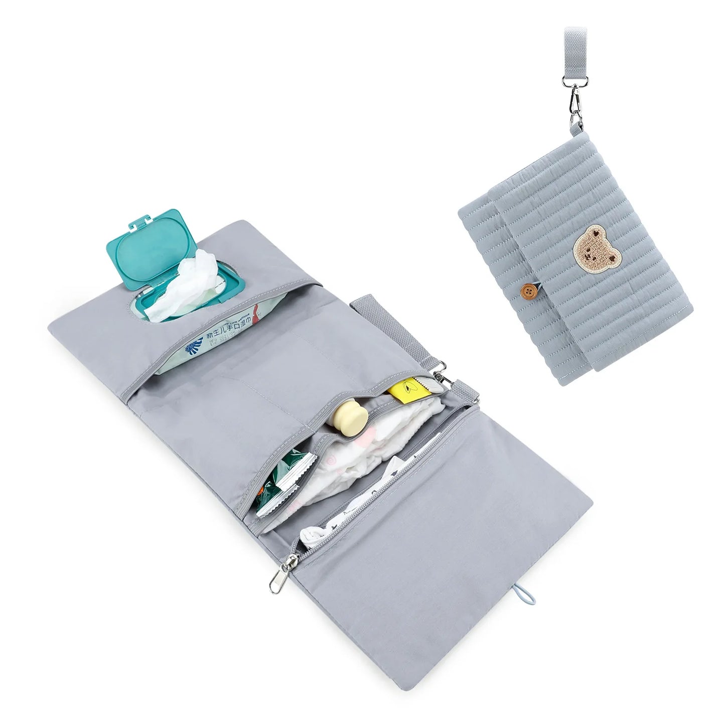 Foldable Hanging Diaper Organizer Bag - Multi-Compartment Essentials Storage Pouch with Wipe Holder & Diaper Pocket