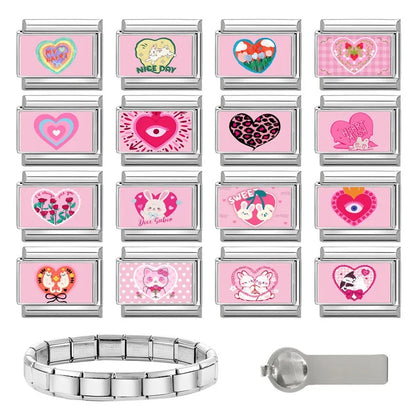 Beautiful Flower Y2K Black Star Dog Heart Pink Italian Charm Link Fit 9mm Stainless Steel Sweet Bracelet Jewelry Making DIY Gift