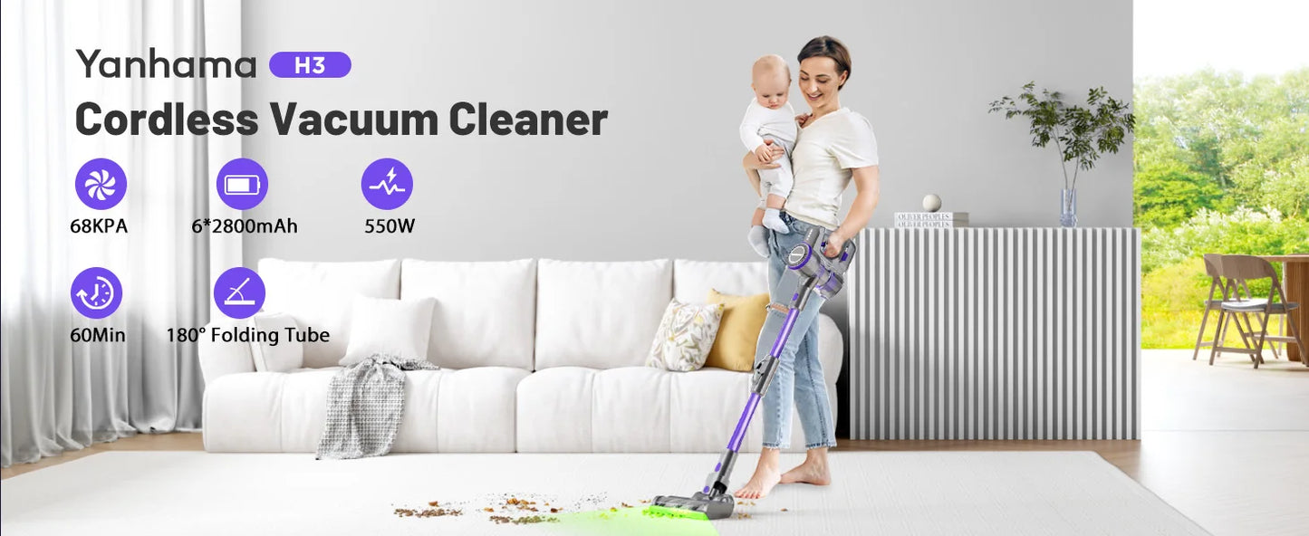 Yanhama Cordless Vacuum Cleaner - 68000Pa/550W Stick Vacuum with Charging Wall Dock, Lightweight Handheld Vacuum for Carpet