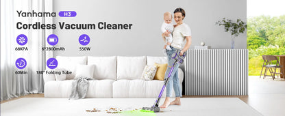 Yanhama Cordless Vacuum Cleaner - 68000Pa/550W Stick Vacuum with Charging Wall Dock, Lightweight Handheld Vacuum for Carpet