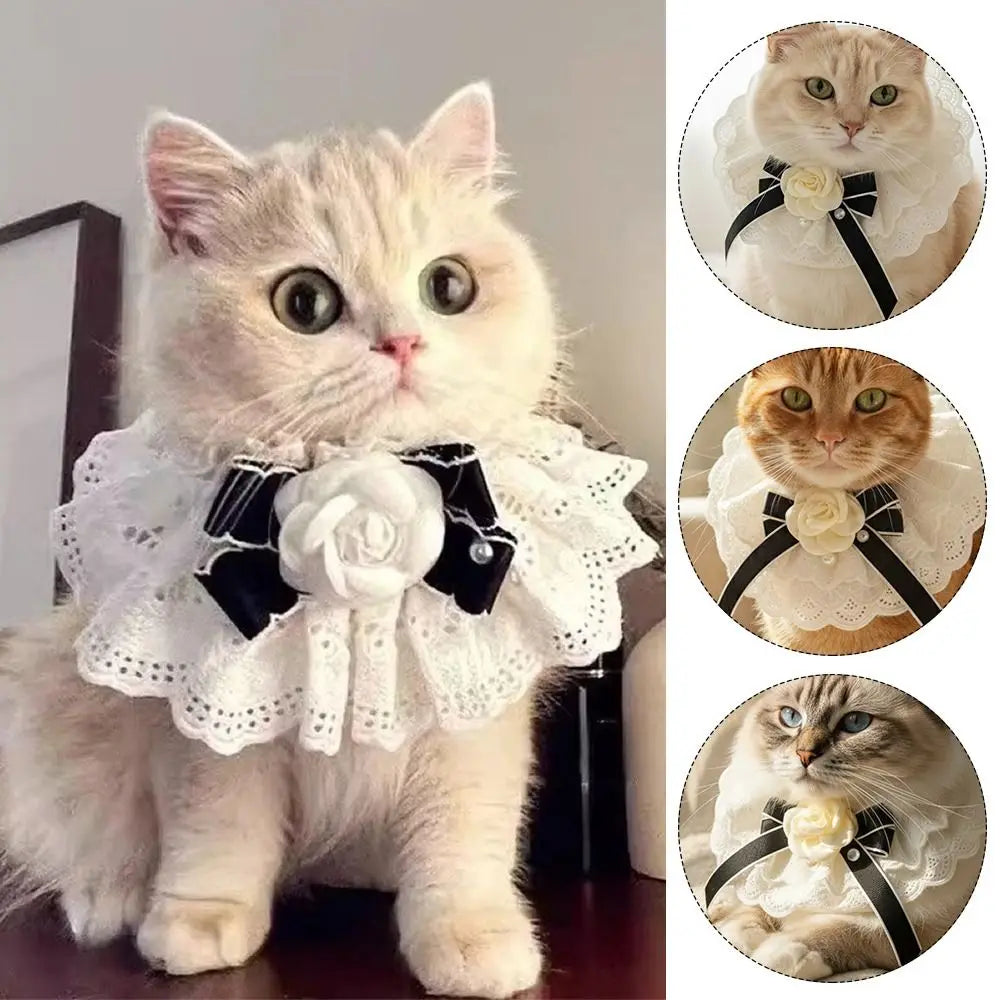 Elegant Design Pearl Pet Collar Lace Collar Princess Style Pet Bow Accessories Headgear Silk Material Bowtie Wedding Ceremony