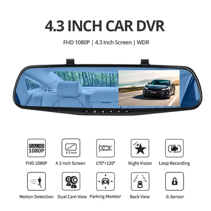 4.3 Inch 1080P Night Vision Camera Dual Lens DVR  Rearview Mirror Dashcam Car Dvr Dash Camera Car Video Recorder Auto Bluck Box