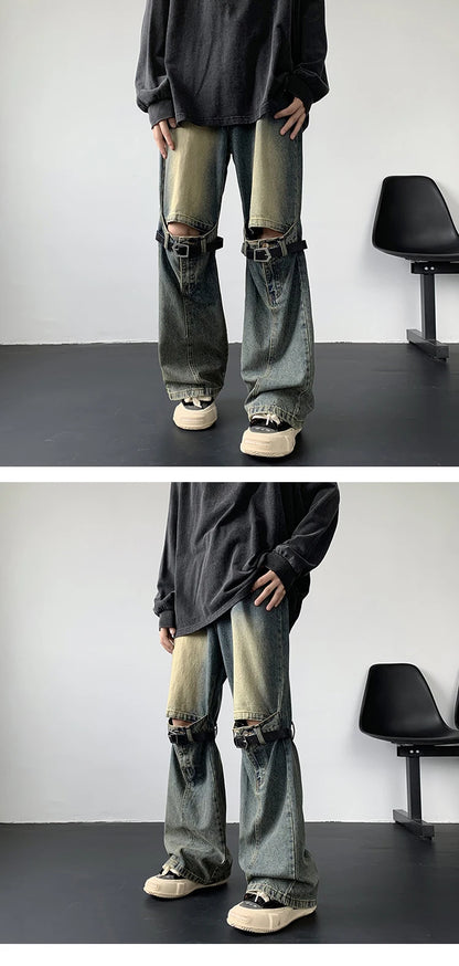 Men's Jeans Retro Trousers Knee Holes Splicing High Street Loose Denim Trousers Flared Jeans Straps Cowboy Casual Long Pants