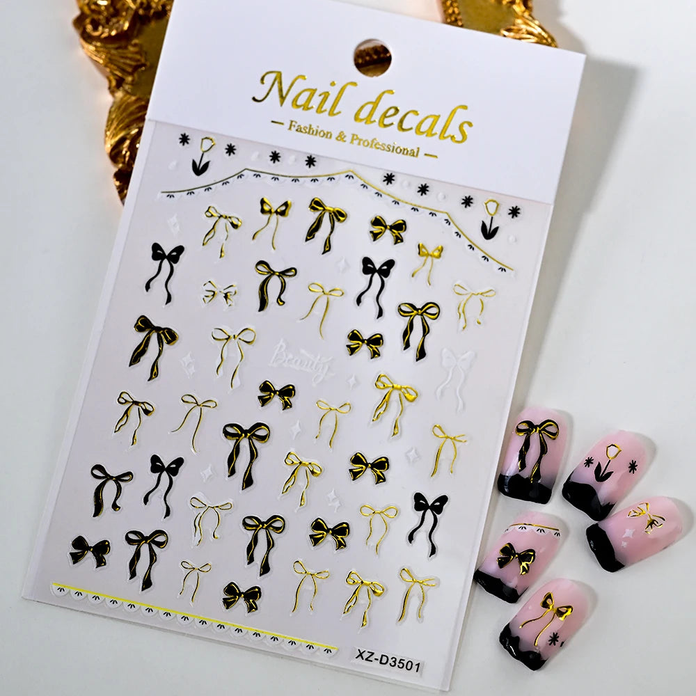 1pcs 5D White Lace Bowknot Nail Art Sticker Sweet Pearl  Bow Ribbon Self-Adhesive Nail Slider DIY Luxury Nail Decorations Decals