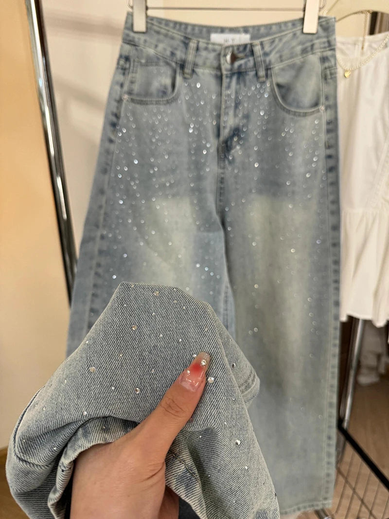 Retro Rhinestone Jeans for Women 2026 New Casual Straight Leg Denim Pants Spring Light Blue Narrow Wide Leg Trousers