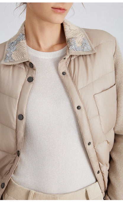 BC911 Polo Collar Spliced 100% Cashmere Long Sleeve Single Breasted White Goose Down Jacket for Women