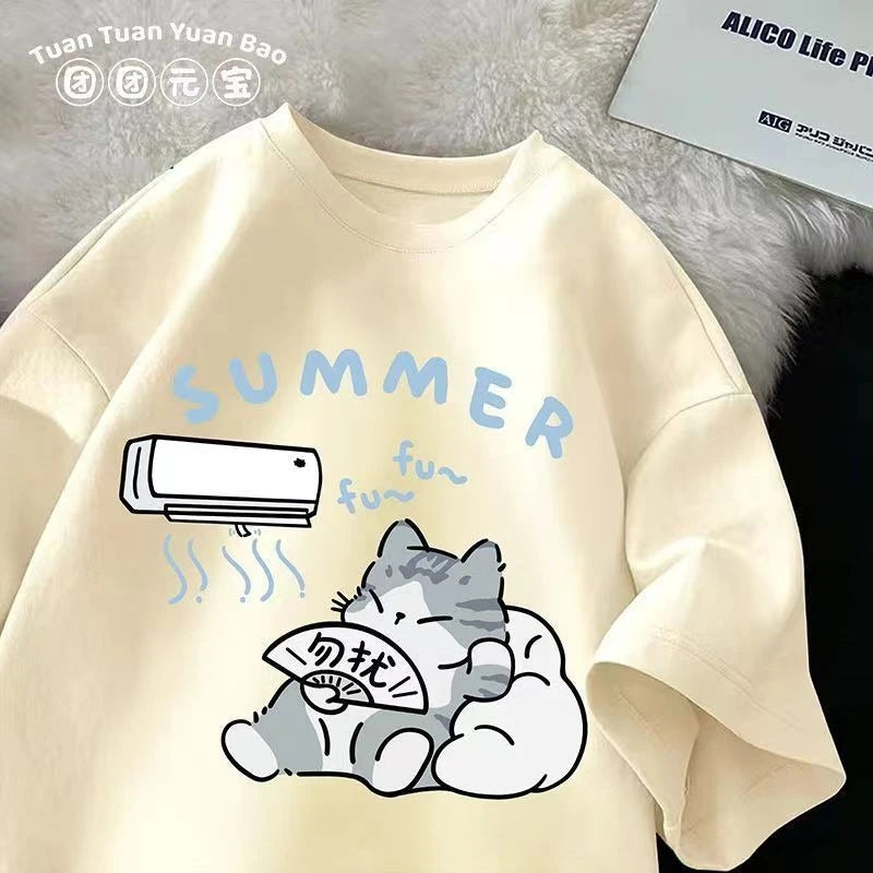 M-8XL Summer Men Oversize T-shirt Korean Casual Loose Style Kitten Blowing Fan Print T-shirt Suitable for Both Men Women