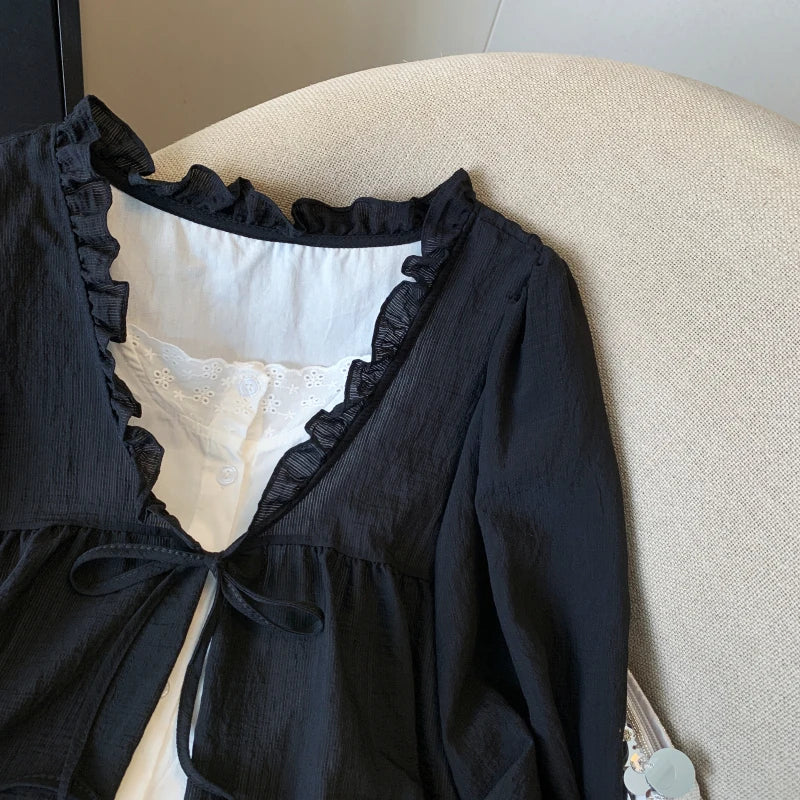 Korean Casual Sweet Fungus Lace Collar Women's Shirt Top Autumn New Women Fashion Fake Two-Piece Lace Up Long Sleeved Shirt