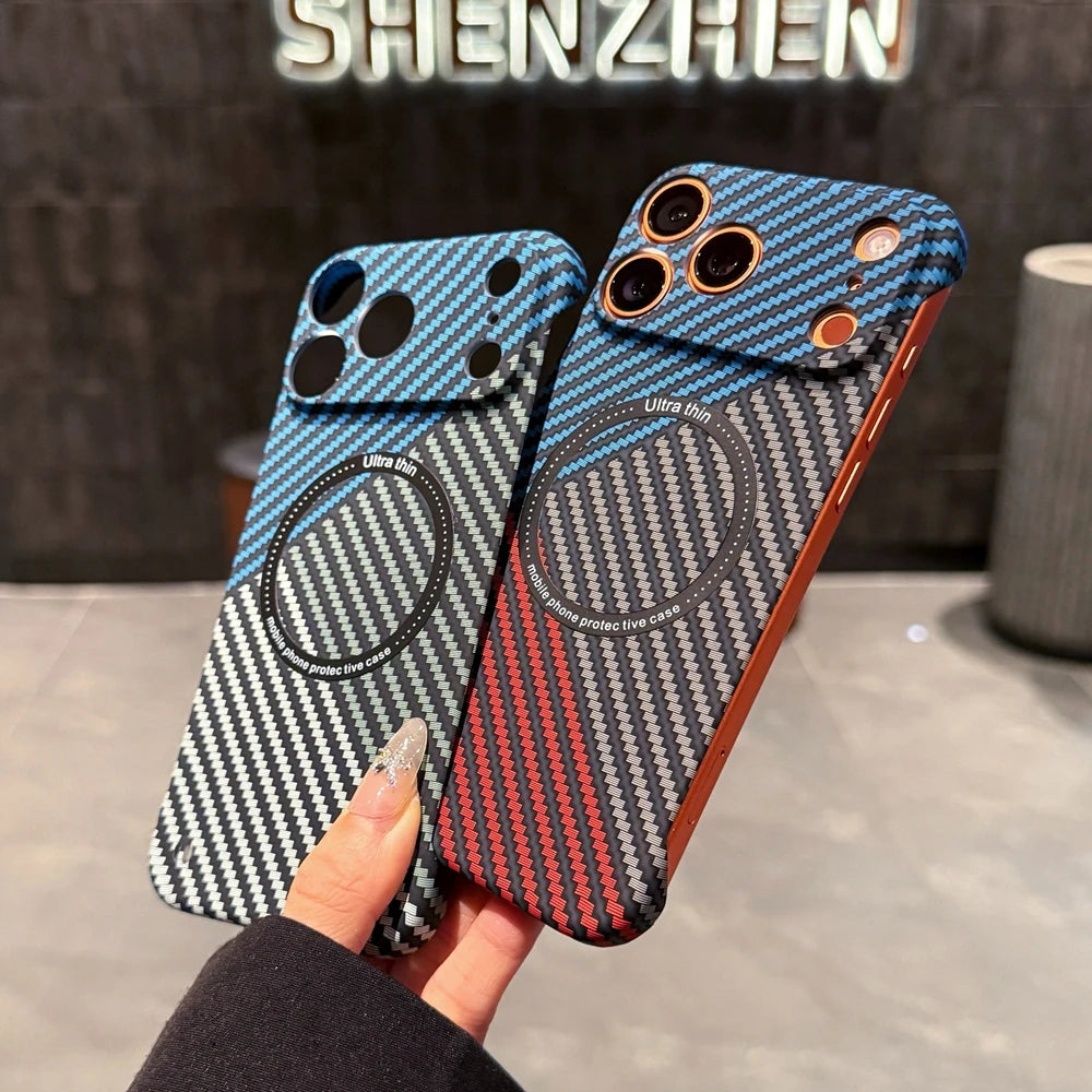 17 ProMax for Magsafe Carbon Fiber Frameless Case For iPhone 16 15 14 13 12 Pro Max Plus 17Air Magnetic Slim Color Blocked Cover