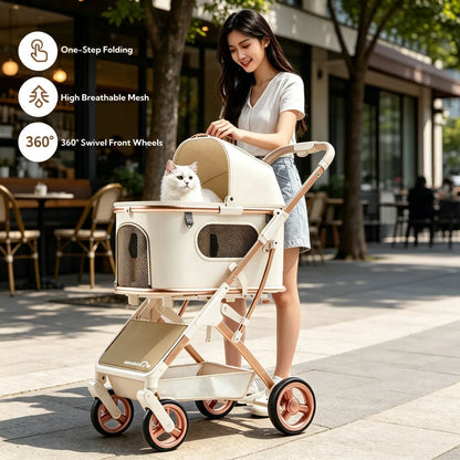 Aluminum Alloy Lightweight Pet Stroller Detachable Carrier One-Click Fold Shock Absorb Dog Cat Outdoor Travel Cart Wholesale