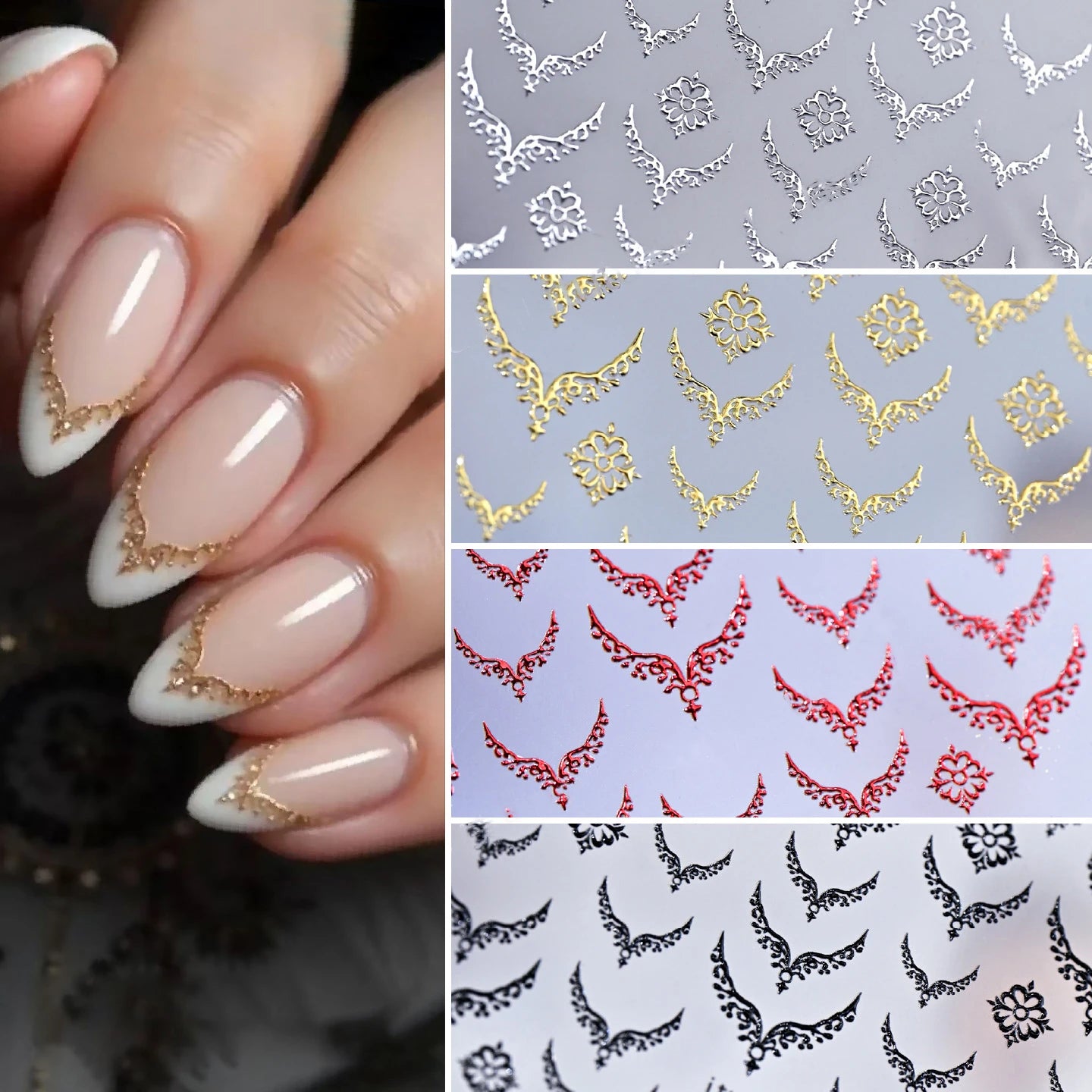 3D Gold Stamping V-Shaped French Tips Nail Art Stickers Retro Metal French Line Nail Decals Chrome Curved Strip Nail Decoration