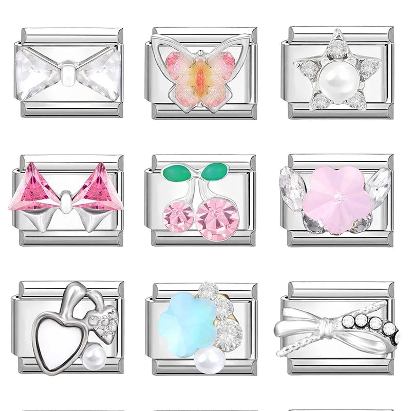 Zircon Star Heart Bow Moon Cherry Moon Italian Charm Links Fit 9mm Stainless Steel Bracelet Women Jewelry DIY Making Gifts