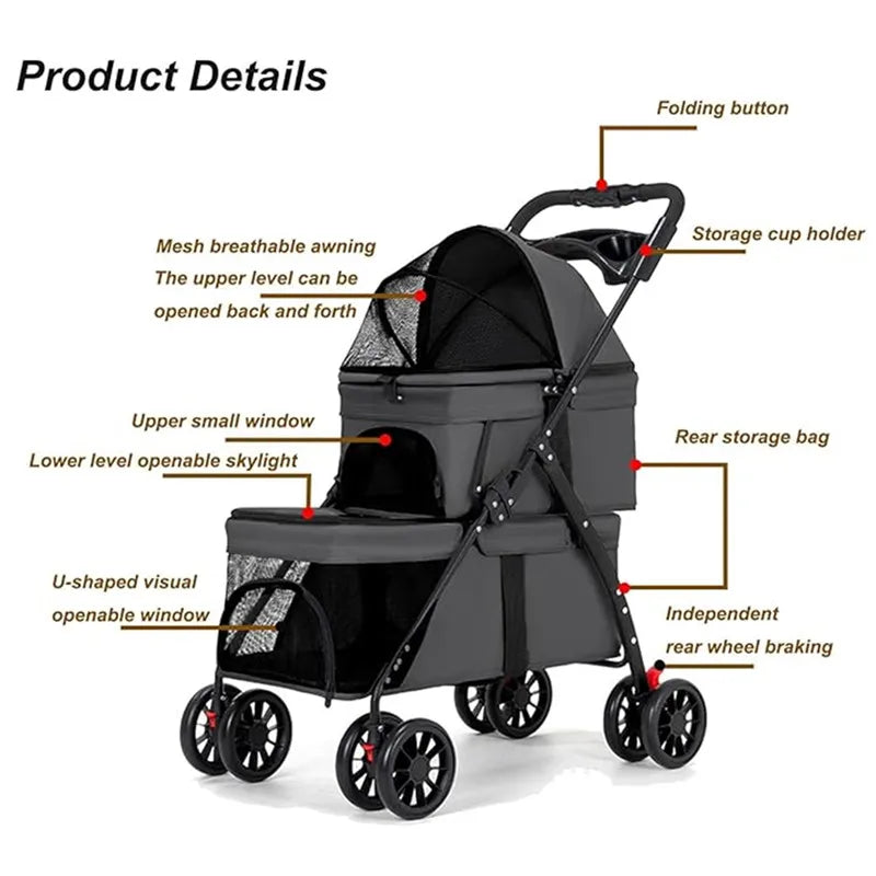 Dual‑Layer Pet Stroller Foldable Travel Dog Cat Cart Breathable Mesh Wagon with Cup Holder Storage Bag for Small Animals